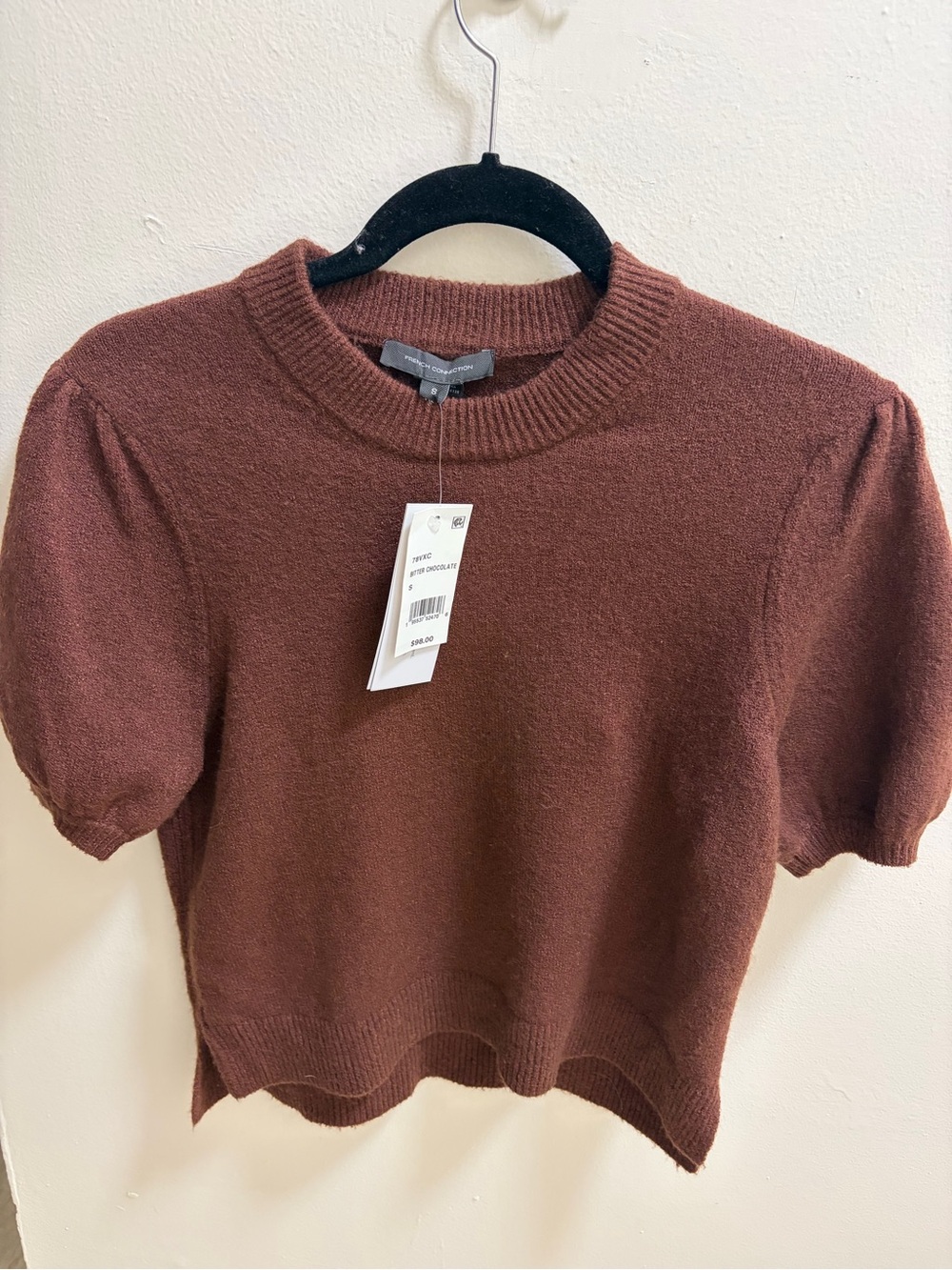 French Connection Minimalist Short Puffed Sleeve Sweater Top in Espresso Brown
